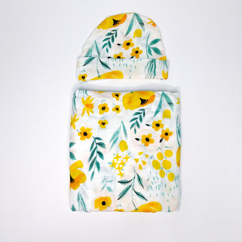 Swaddle Blanket Cotton & Bamboo with Cap -  Yellow Floral | قماط قطني مع بامبو مع الكمة - ورود صفراء