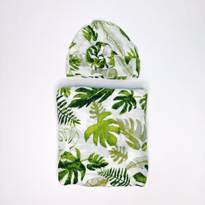Swaddle Blanket Cotton & Bamboo with Cap -  Green leaf | قماط قطني مع بامبو مع الكمة - ورقة الشجر