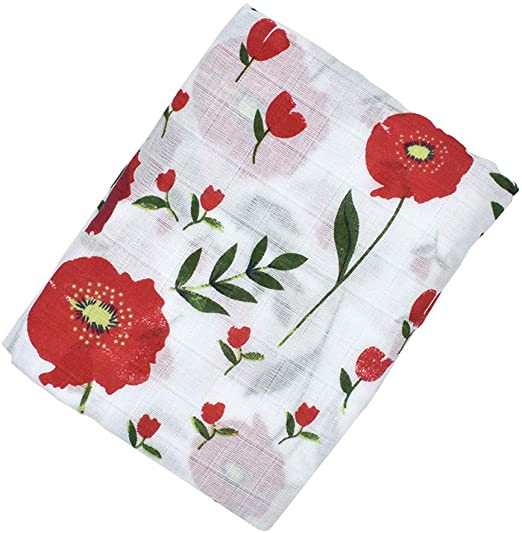 Swaddle Blanket Cotton & Bamboo - Red Floral  | قماط قطني مع بامبو - ورود حمراء