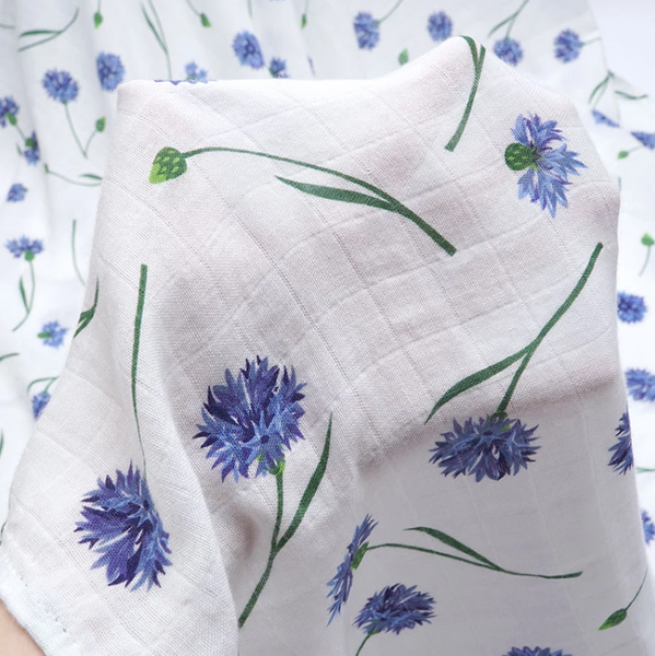 Swaddle Blanket Cotton & Bamboo -  Blue floral |  قماط قطني مع بامبو - ورود زرقاء